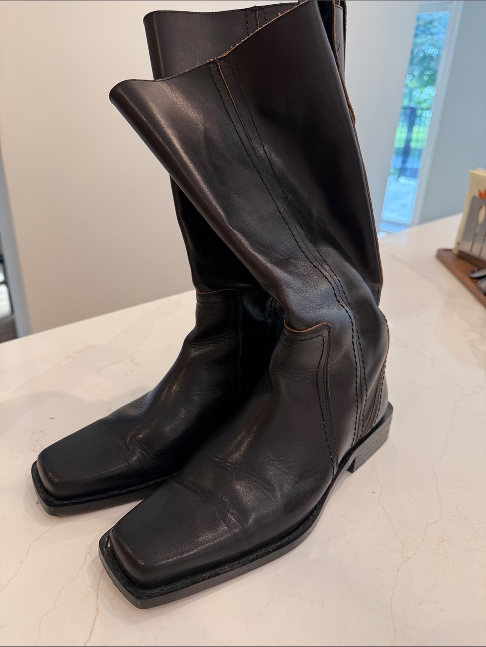 Zara Black Square-Toe Leather Ankle Boots
